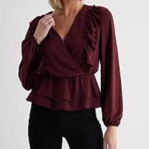 Express V-Neck Faux Wrap Flutter Ruffle Peplum Top Women's Long Sleeve Top M NWT